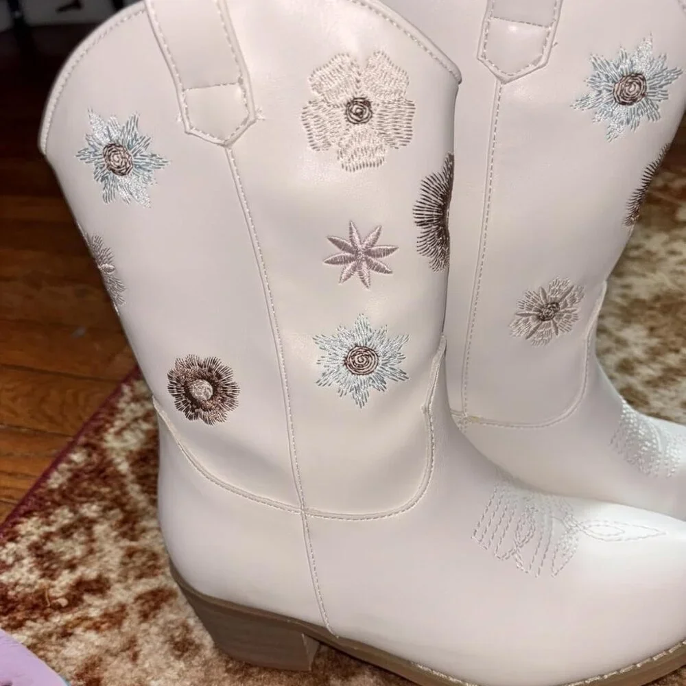 🆕Girls White Polyurethane Cowboy Floral Embroidered Western Cowgirl Boots